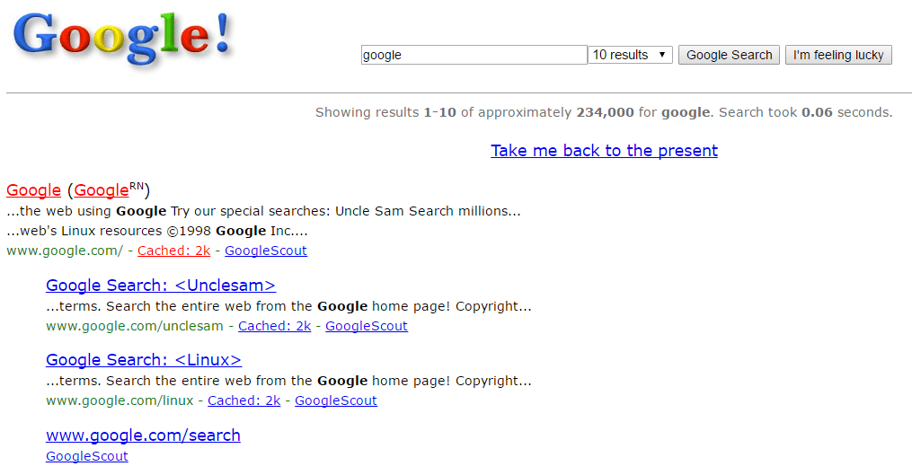 Google's appearance in 1998